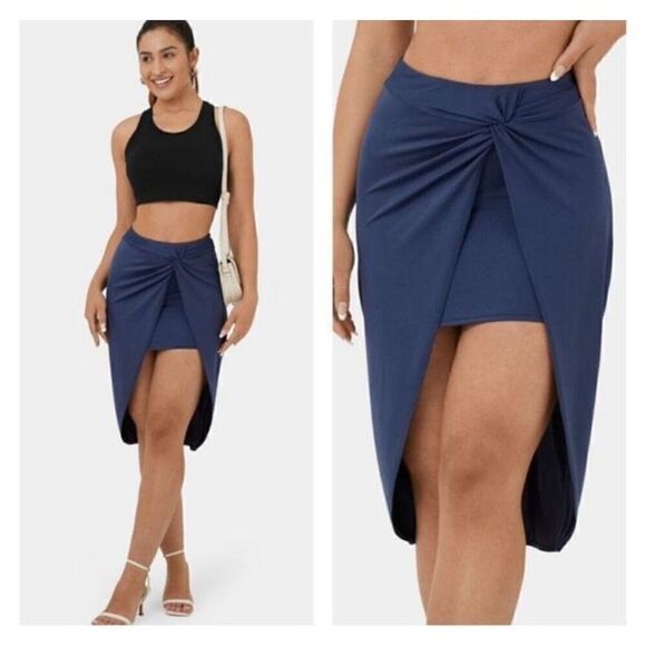 Halara Twisted Split High Low Bodycon Midi Mini Casual Skirt  Navy Dark Blue S - Picture 1 of 8